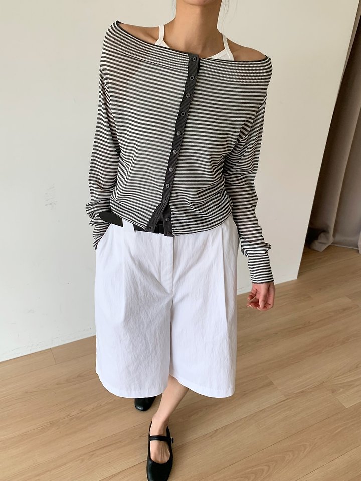 Cover - Korean Women Fashion - #pursuepretty - Striped Off-Shoulder Knit Cardigan - 12