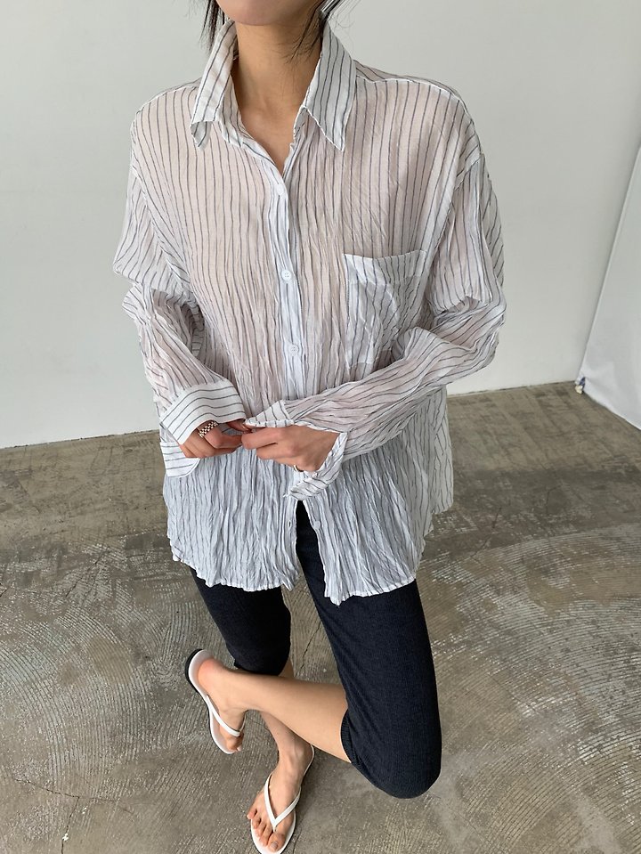 Cover - Korean Women Fashion - #pursuepretty - Eco Wrinkle Stripe Shirt - 3