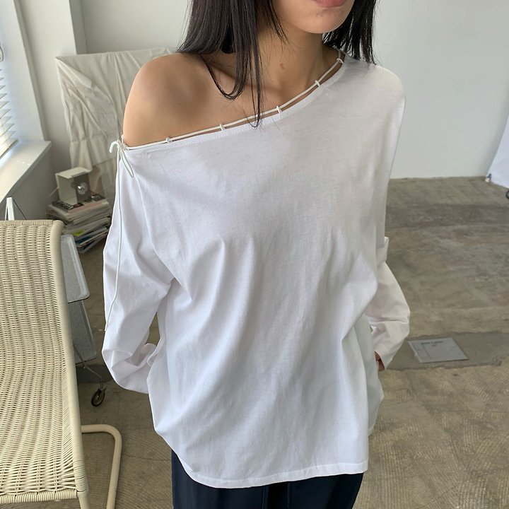 Cover - Korean Women Fashion - #shopsmall - String Off-Shoulder Tee - 10