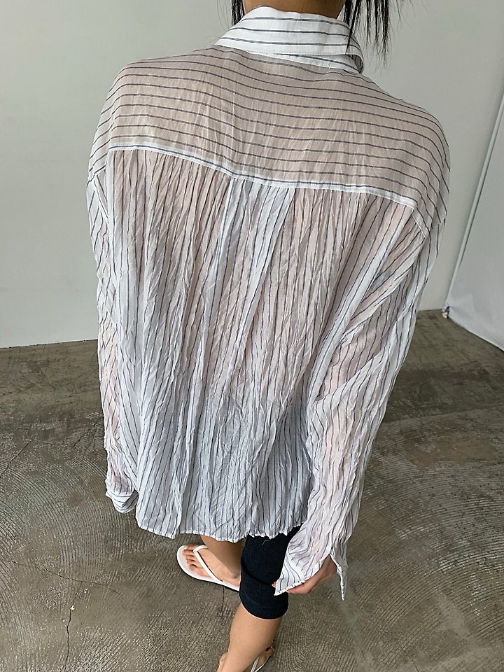 Cover - Korean Women Fashion - #thatsdarling - Eco Wrinkle Stripe Shirt - 7
