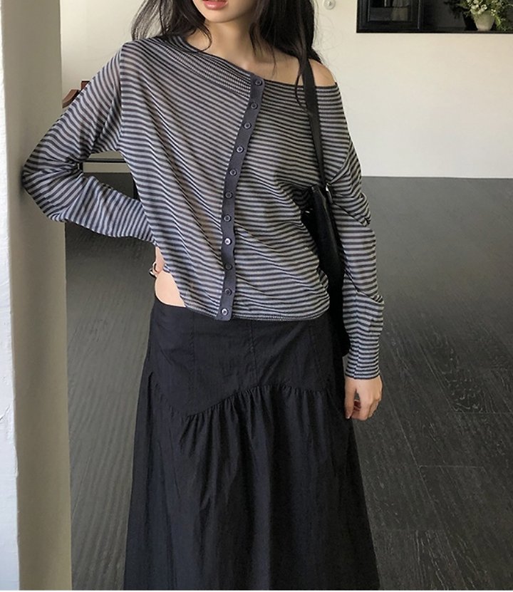 Cover - Korean Women Fashion - #vintageinspired - Striped Off-Shoulder Knit Cardigan - 10