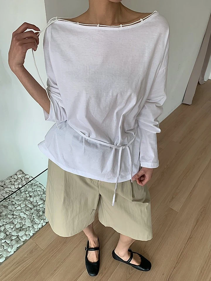 Cover - Korean Women Fashion - #vintageinspired - String Off-Shoulder Tee - 5
