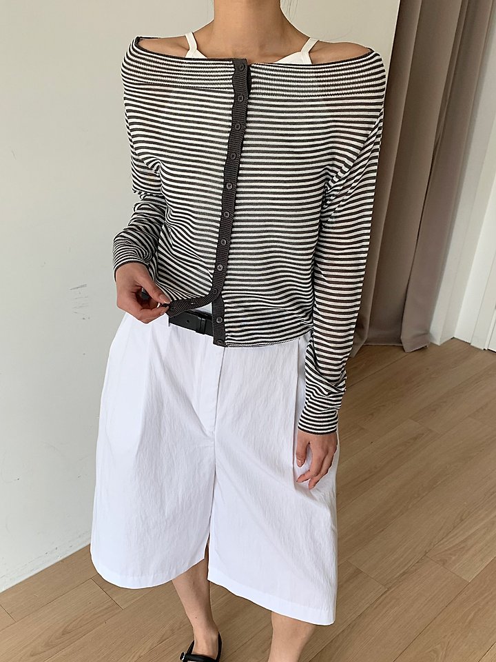 Cover - Korean Women Fashion - #vintagekidsstyle - Striped Off-Shoulder Knit Cardigan - 11