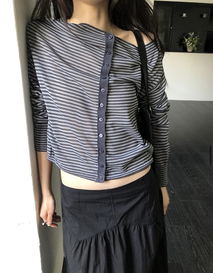 Cover - Korean Women Fashion - #womensfashion - Striped Off-Shoulder Knit Cardigan