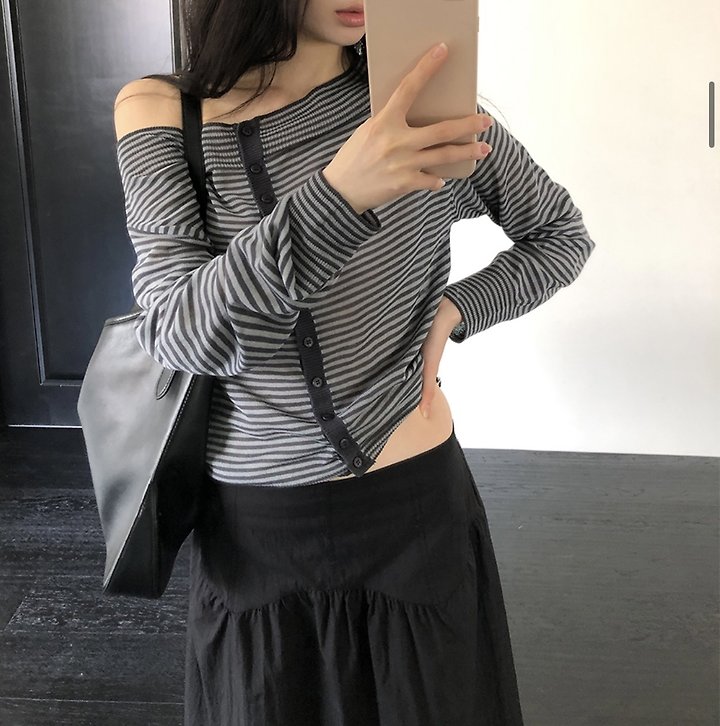 Cover - Korean Women Fashion - #womensfashion - Striped Off-Shoulder Knit Cardigan - 3