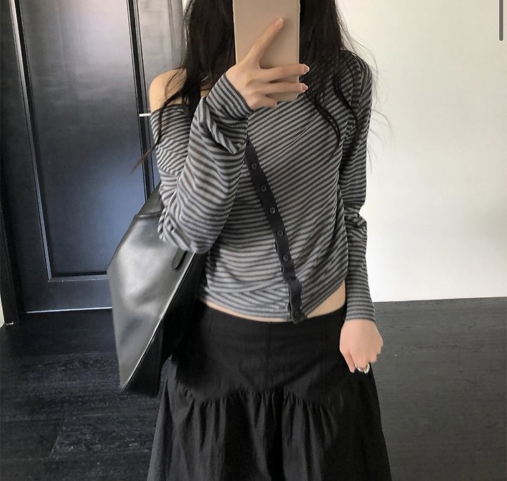 Cover - Korean Women Fashion - #womensfashion - Striped Off-Shoulder Knit Cardigan - 5
