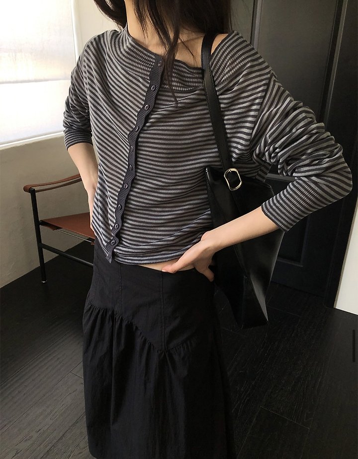 Cover - Korean Women Fashion - #womensfashion - Striped Off-Shoulder Knit Cardigan - 9