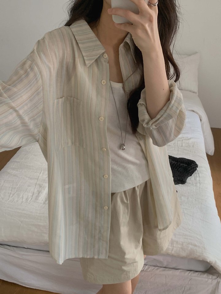 Dress Room - Korean Women Fashion - #momslook - Pastel Stripe Linen Shirt - 11