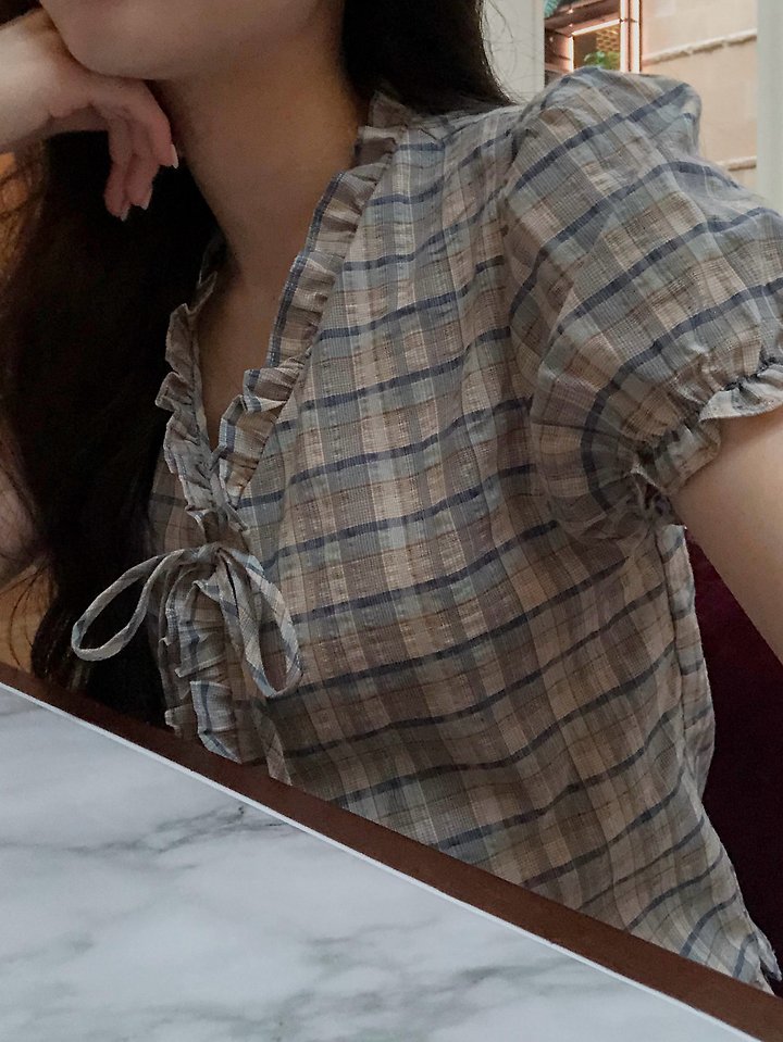 Dress Room - Korean Women Fashion - #momslook - Check Ribbon Blouse - 10