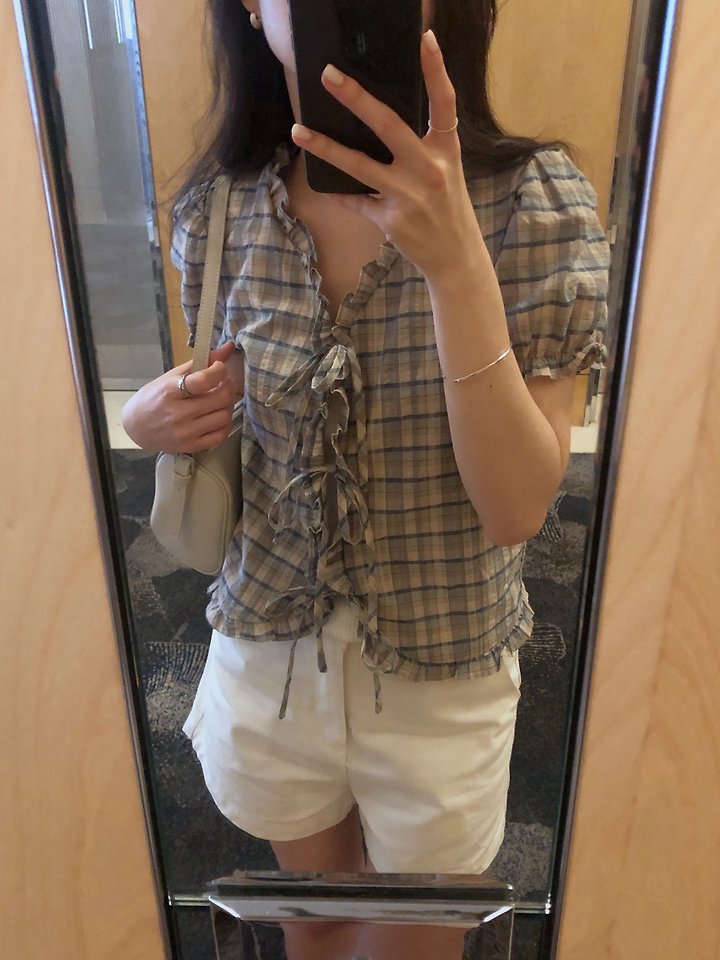 Dress Room - Korean Women Fashion - #momslook - Check Ribbon Blouse - 8