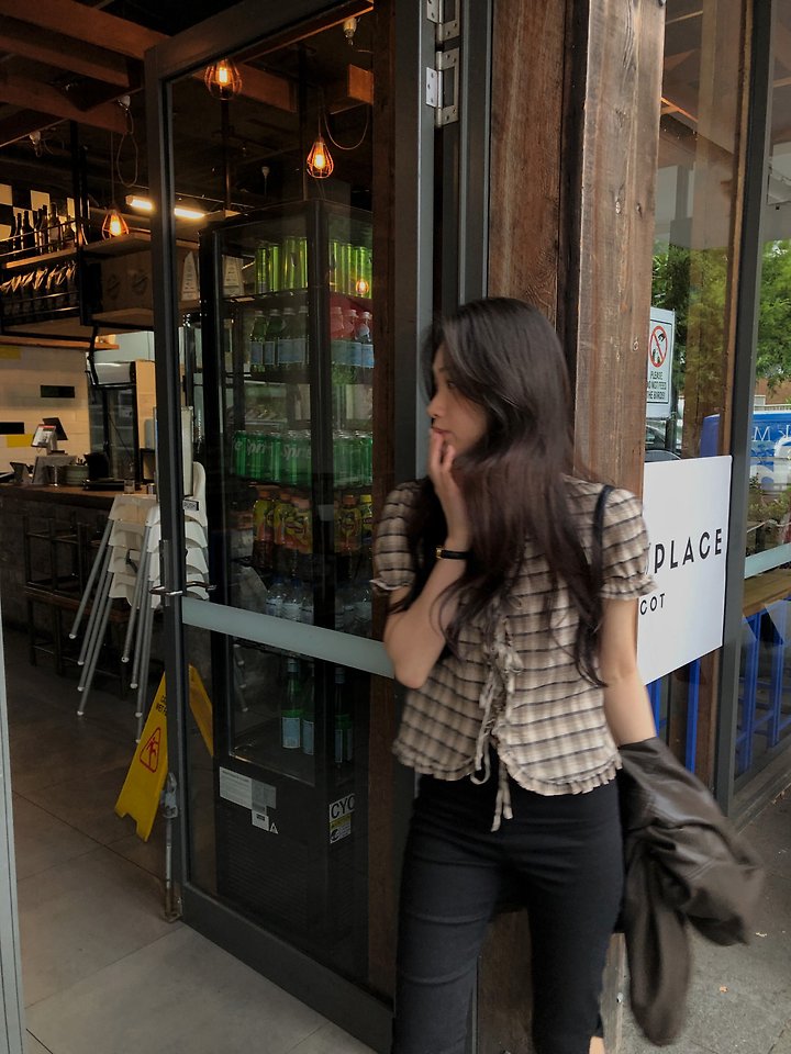 Dress Room - Korean Women Fashion - #womensfashion - Check Ribbon Blouse - 5