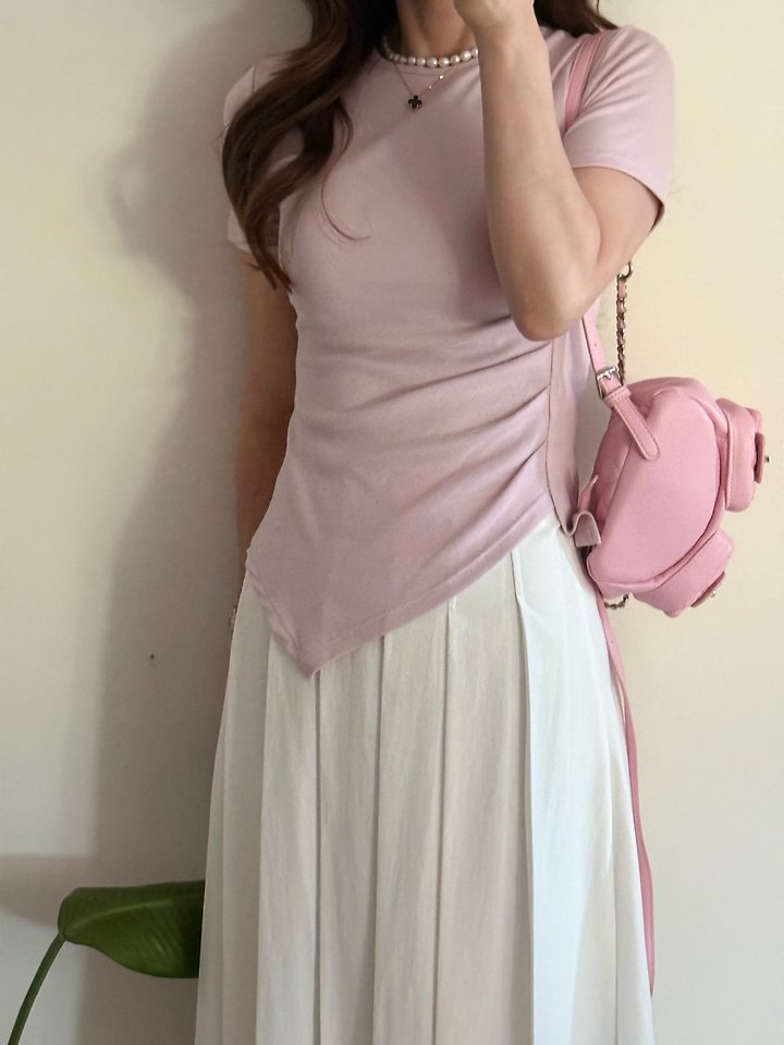 Elmu - Korean Women Fashion - #momslook - Shirring Short Sleeve Tee