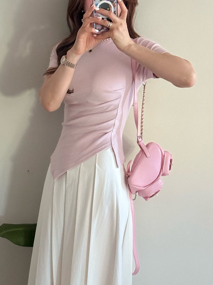 Elmu - Korean Women Fashion - #momslook - Shirring Short Sleeve Tee - 2