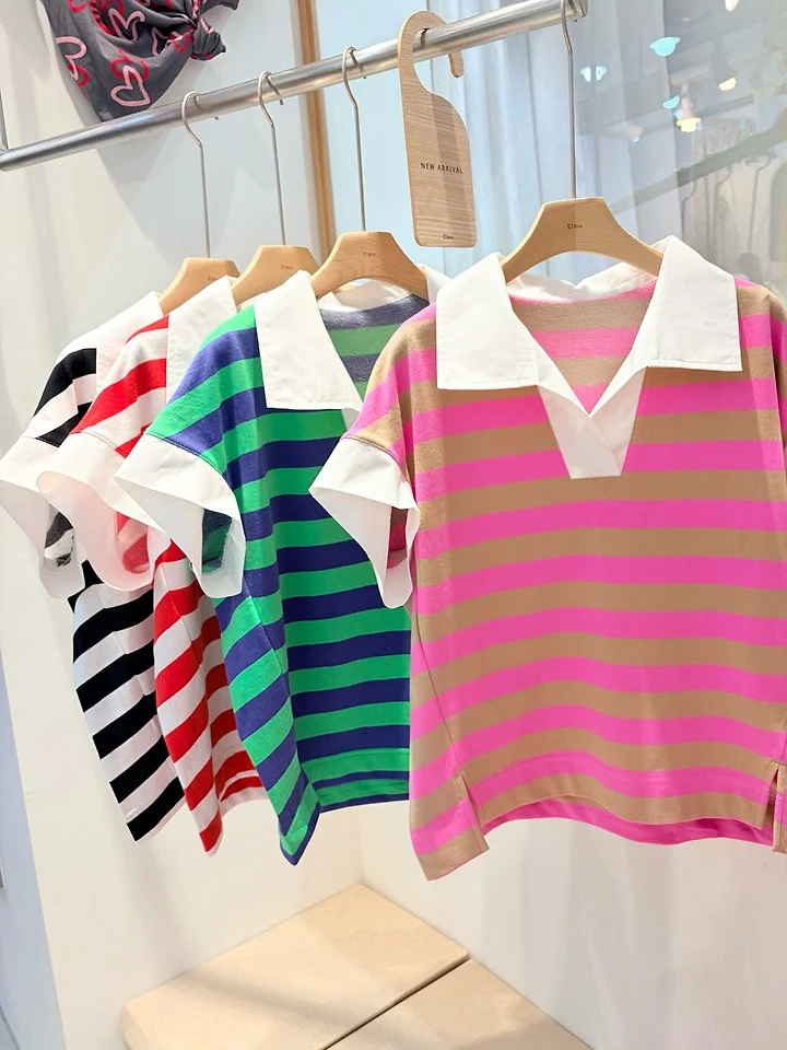 Elmu - Korean Women Fashion - #momslook - Macaron Striped Tee - 10