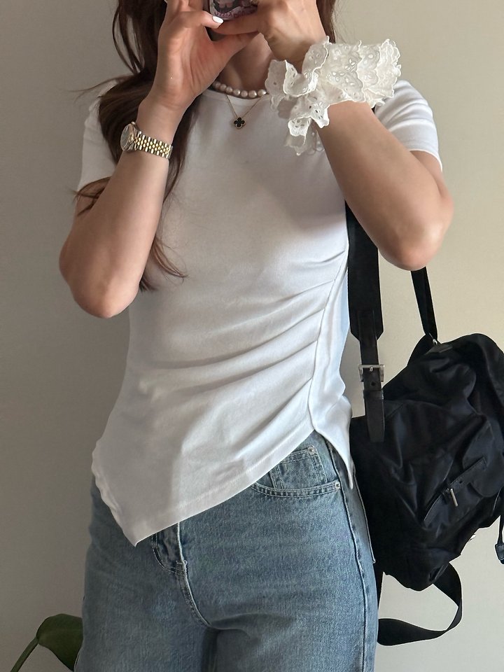 Elmu - Korean Women Fashion - #pursuepretty - Shirring Short Sleeve Tee - 6