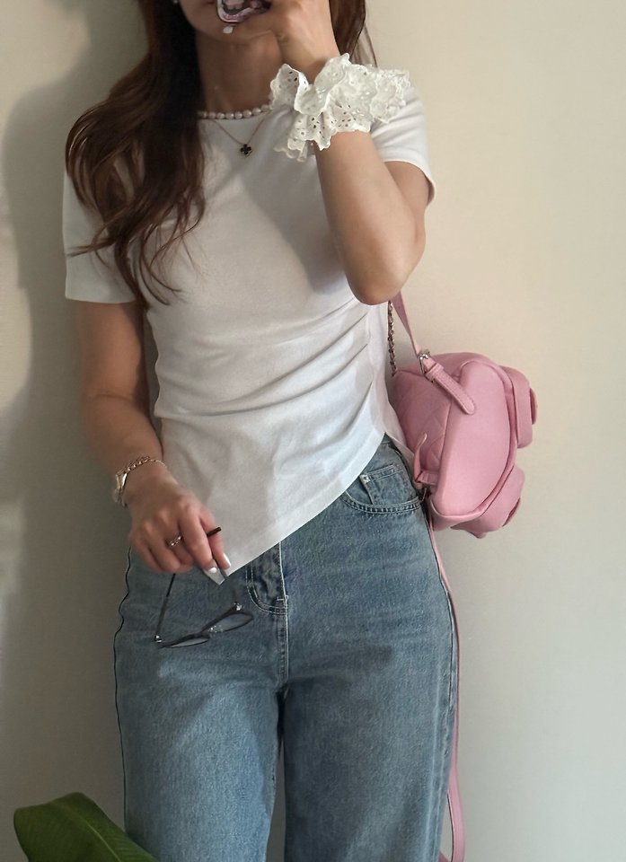 Elmu - Korean Women Fashion - #restrostyle - Shirring Short Sleeve Tee - 7