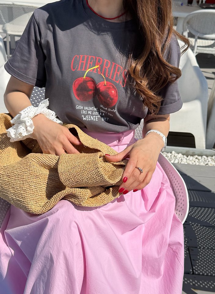 Elmu - Korean Women Fashion - #restrostyle - Cherry Short Sleeve Tee
