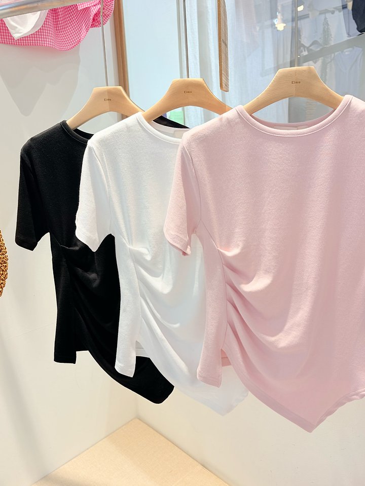 Elmu - Korean Women Fashion - #shopsmall - Shirring Short Sleeve Tee - 9