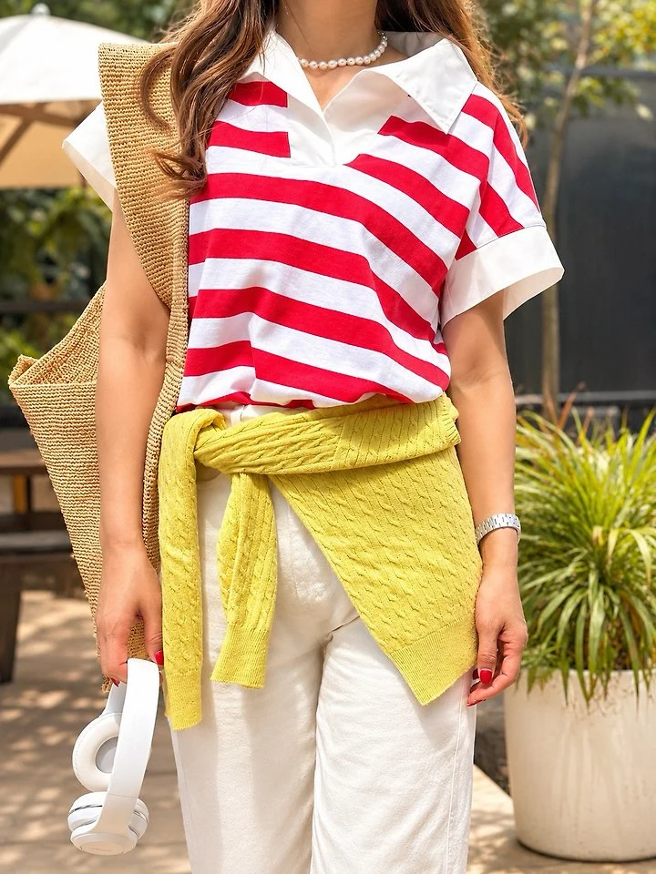 Elmu - Korean Women Fashion - #vintageinspired - Macaron Striped Tee - 2