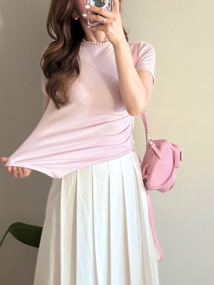 Elmu - Korean Women Fashion - #womensfashion - Shirring Short Sleeve Tee - 3