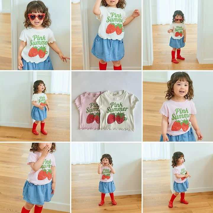 Firstblue - Korean Children Fashion - #prettylittlegirls - Strawberry Punching Short Sleeve Tee - 2