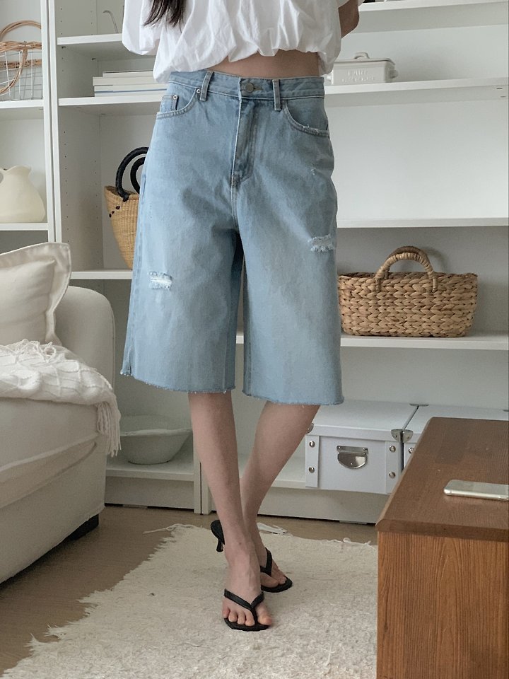 I'm here - Korean Women Fashion - #momslook - 355 Distressed Bermuda Denim Pants Light Blue Distressed Shorts