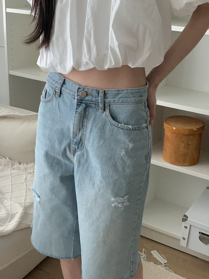 I'm here - Korean Women Fashion - #momslook - 355 Distressed Bermuda Denim Pants Light Blue Distressed Shorts - 3