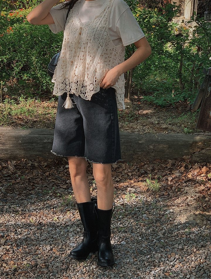 I'm here - Korean Women Fashion - #momslook - 342 Cut-Off Black Denim Shorts