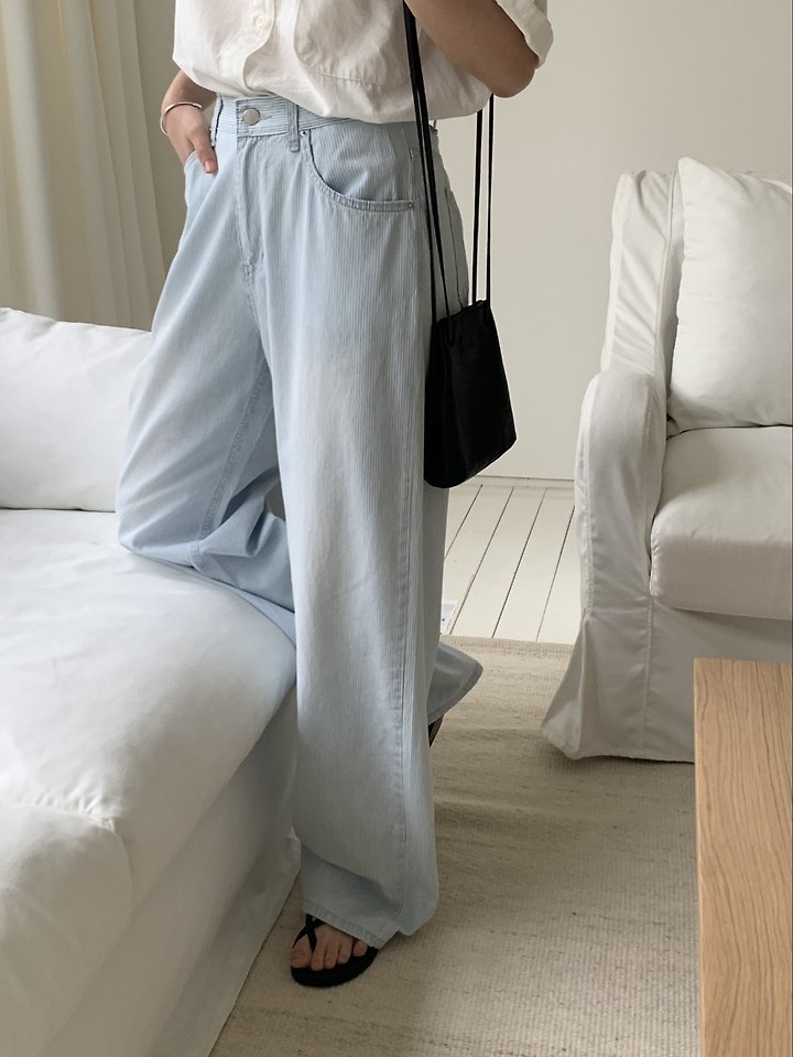 I'm here - Korean Women Fashion - #momslook - 886 Wide Stripe Denim Pants - 6