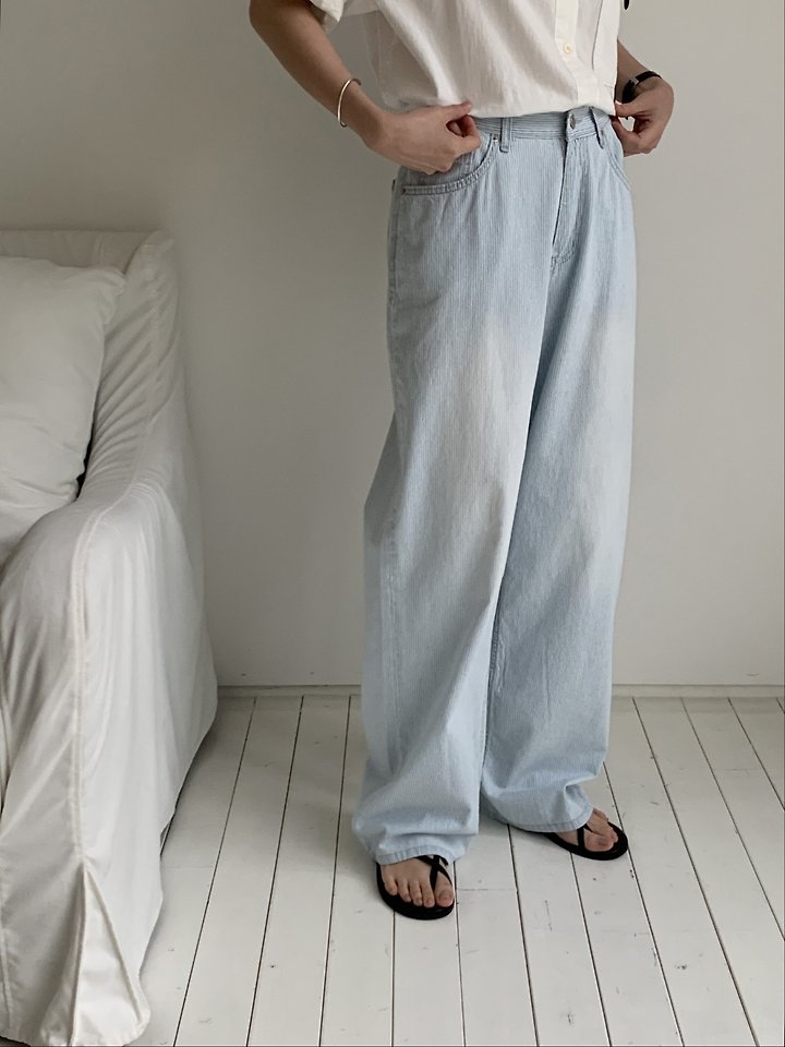 I'm here - Korean Women Fashion - #momslook - 886 Wide Stripe Denim Pants - 8