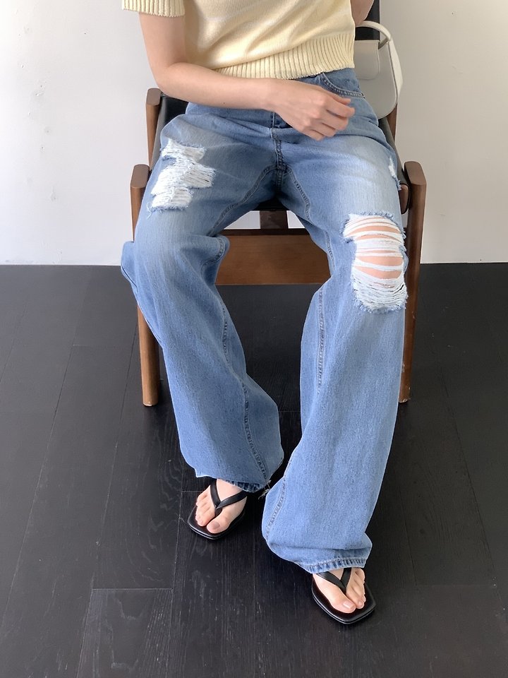 I'm here - Korean Women Fashion - #momslook - 888 Distressed Straight Wide Denim Pants - 10