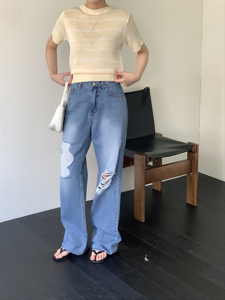 I'm here - Korean Women Fashion - #momslook - 888 Distressed Straight Wide Denim Pants - 6