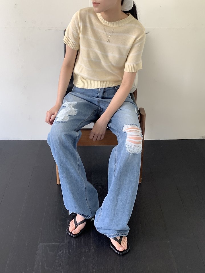 I'm here - Korean Women Fashion - #momslook - 888 Distressed Straight Wide Denim Pants - 8