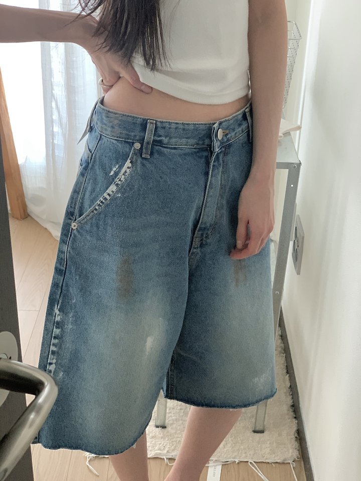 I'm here - Korean Women Fashion - #romanticstyle - 354 Painted Distressed Bermuda Denim Pants - 9