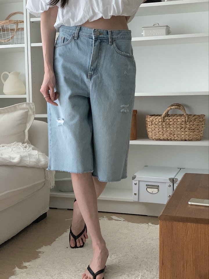 I'm here - Korean Women Fashion - #shopsmall - 355 Distressed Bermuda Denim Pants Light Blue Distressed Shorts - 12