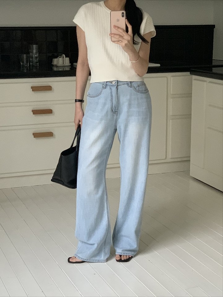 I'm here - Korean Women Fashion - #shopsmall - 887 Light Blue Wide Denim Pants - 2