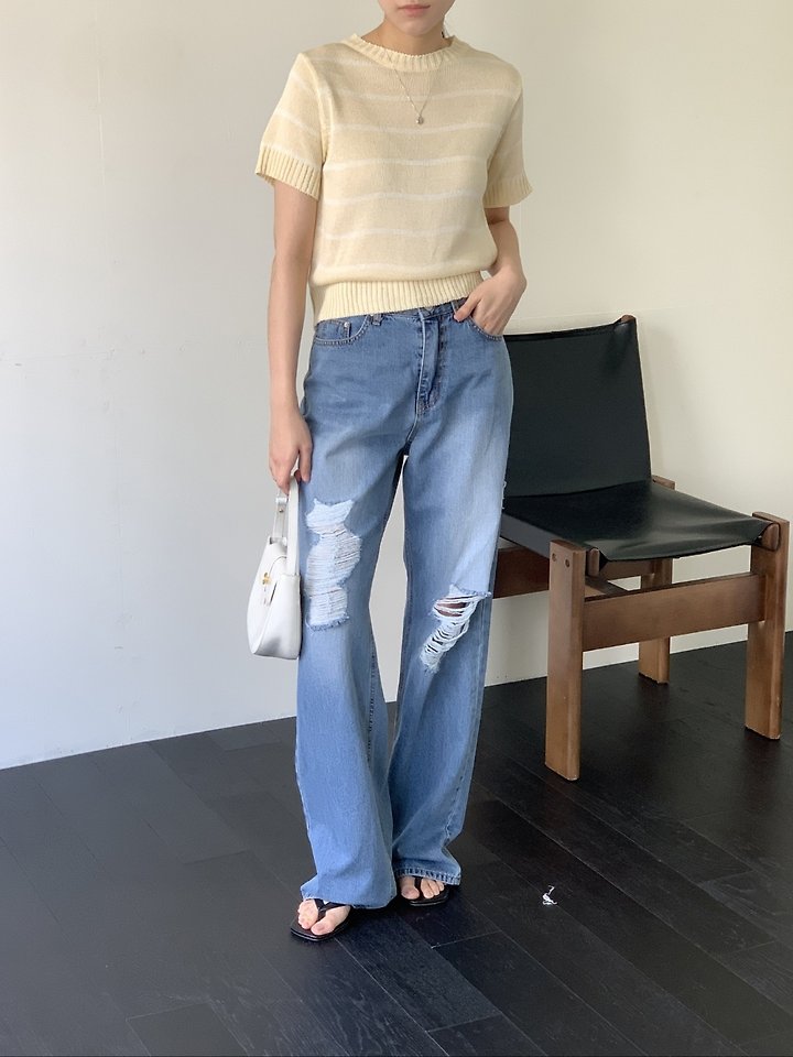 I'm here - Korean Women Fashion - #shopsmall - 888 Distressed Straight Wide Denim Pants