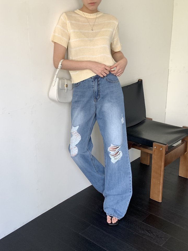 I'm here - Korean Women Fashion - #thatsdarling - 888 Distressed Straight Wide Denim Pants - 2