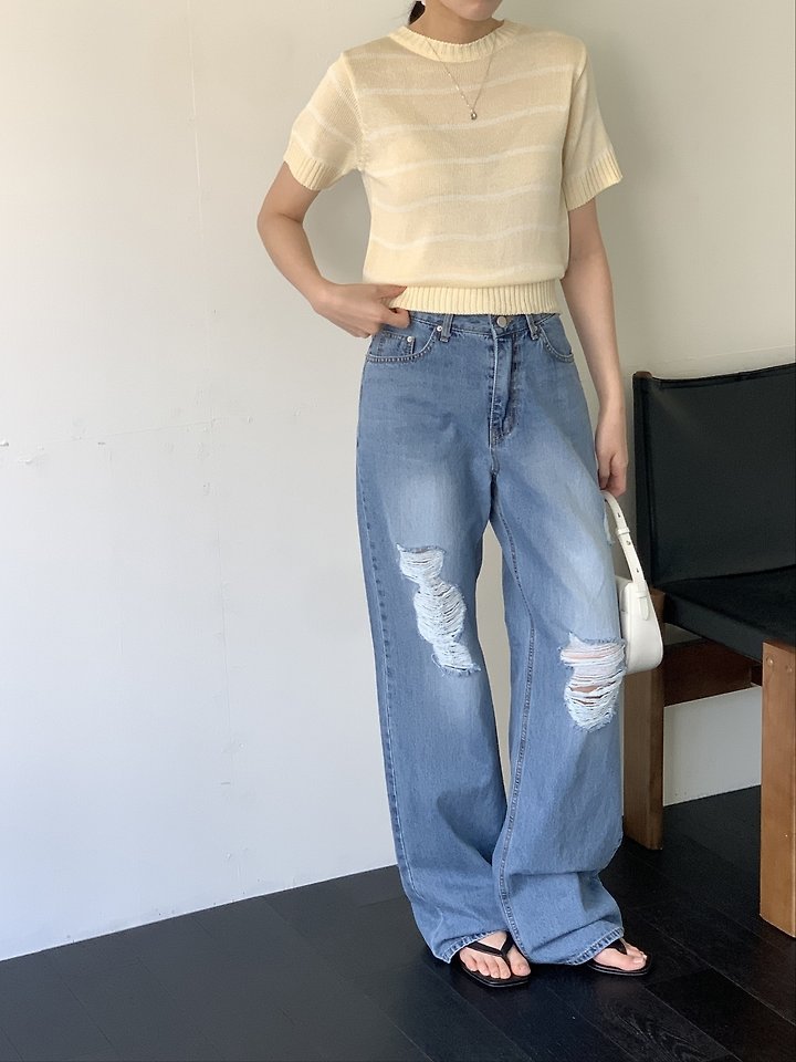 I'm here - Korean Women Fashion - #thelittlethings - 888 Distressed Straight Wide Denim Pants - 3