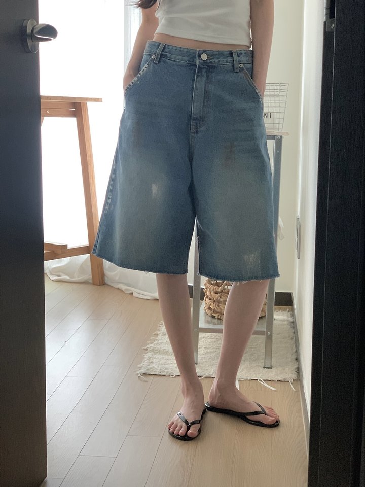 I'm here - Korean Women Fashion - #vintagekidsstyle - 354 Painted Distressed Bermuda Denim Pants - 6