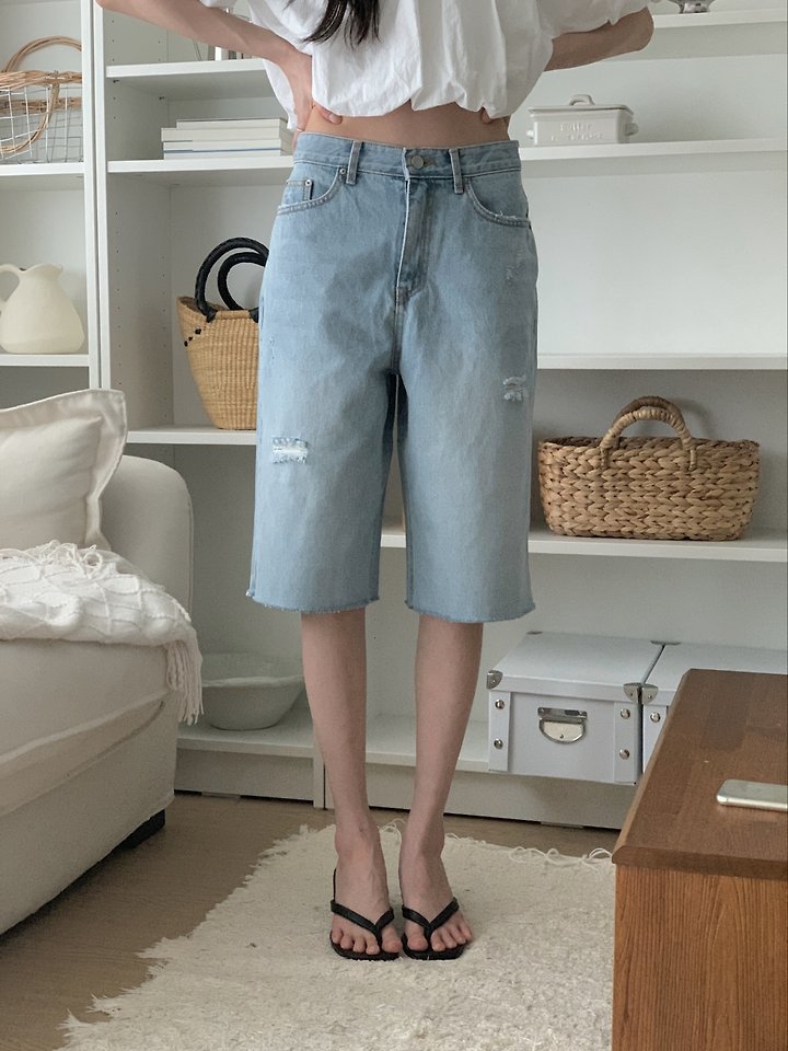 I'm here - Korean Women Fashion - #womensfashion - 355 Distressed Bermuda Denim Pants Light Blue Distressed Shorts - 2