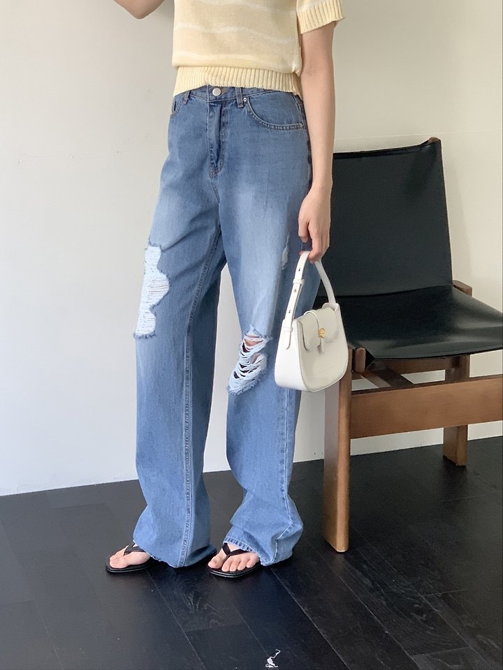 I'm here - Korean Women Fashion - #womensfashion - 888 Distressed Straight Wide Denim Pants - 5