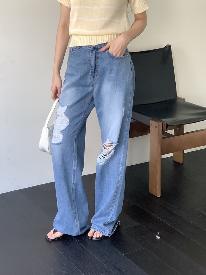 I'm here - Korean Women Fashion - #womensfashion - 888 Distressed Straight Wide Denim Pants - 7