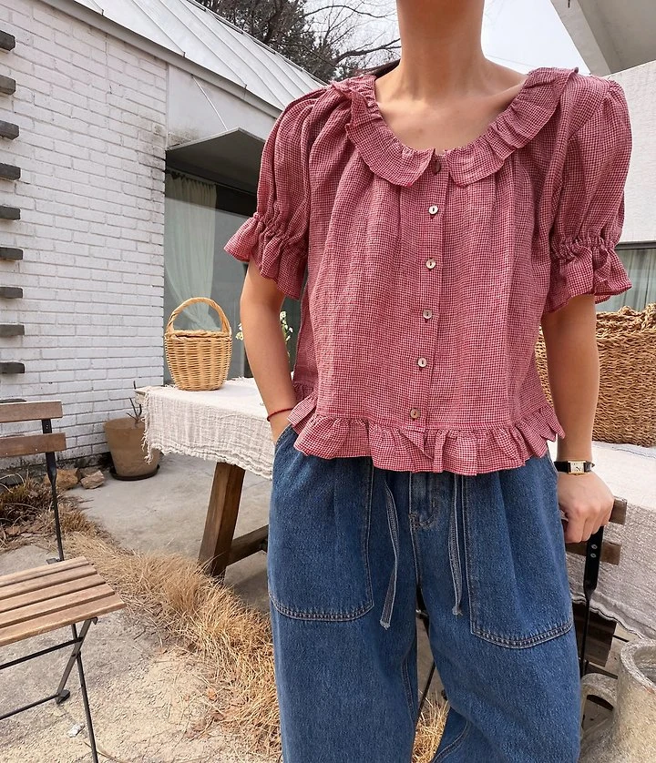 Lagrass - Korean Women Fashion - #womensfashion - Bean Check Blouse