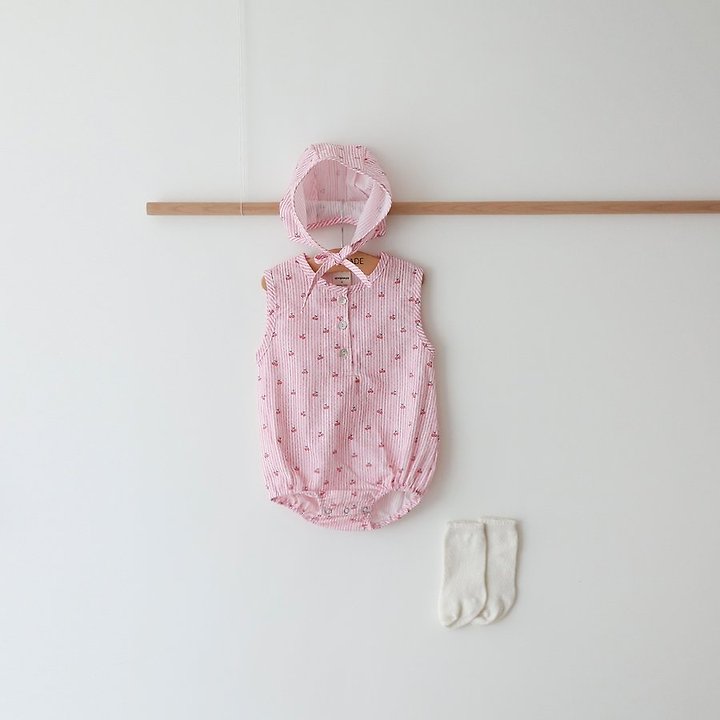 Lemonade - Korean Baby Fashion - #babyoutfit - Cherry Bonbon Set (Romper + Bonnet) - 2