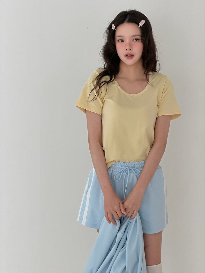 Livu - Korean Women Fashion - #momslook - Padded U-Neck Tee - 12