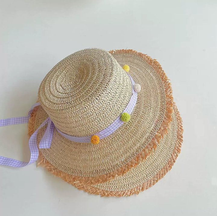 Miso - Korean Children Fashion - #childrensboutique - Pom Check Straw Hat - 6
