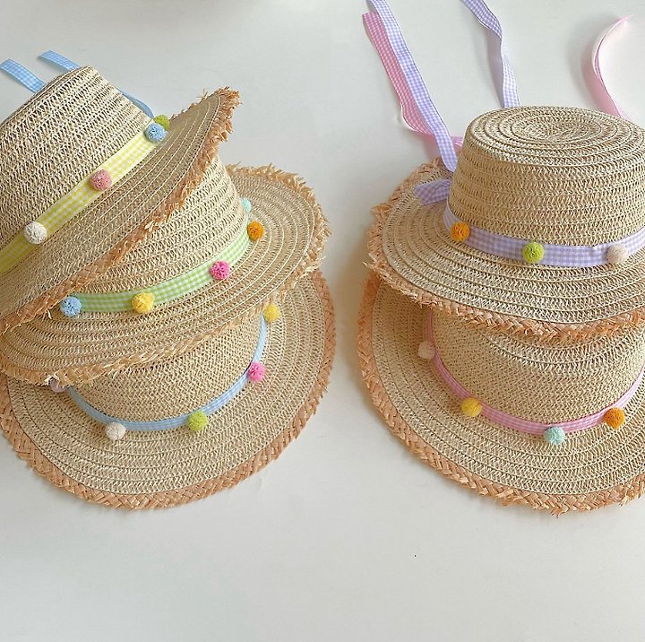 Miso - Korean Children Fashion - #prettylittlegirls - Pom Check Straw Hat