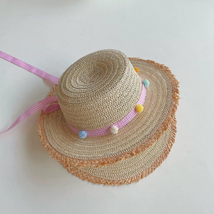 Miso - Korean Children Fashion - #toddlerclothing - Pom Check Straw Hat - 4