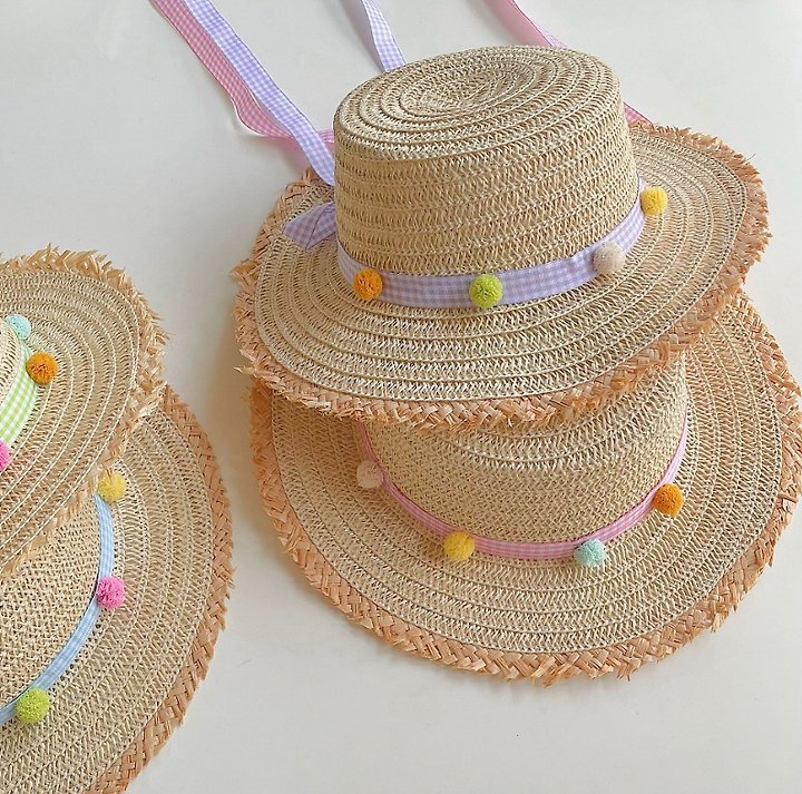 Miso - Korean Children Fashion - #todddlerfashion - Pom Check Straw Hat - 2